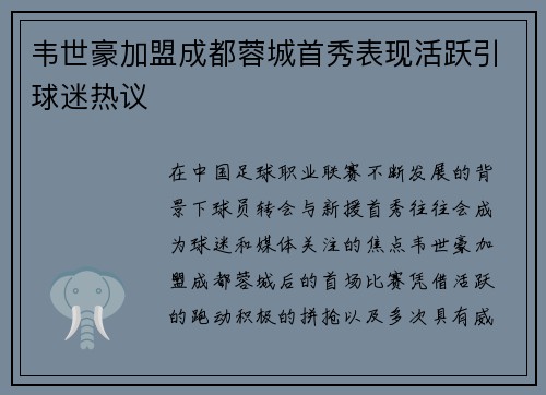 韦世豪加盟成都蓉城首秀表现活跃引球迷热议